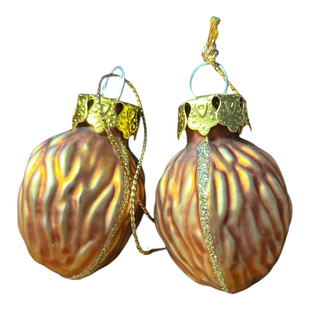 2 Vintage Handblown Glass Walnuts Christmas Ornaments Glitter 2”